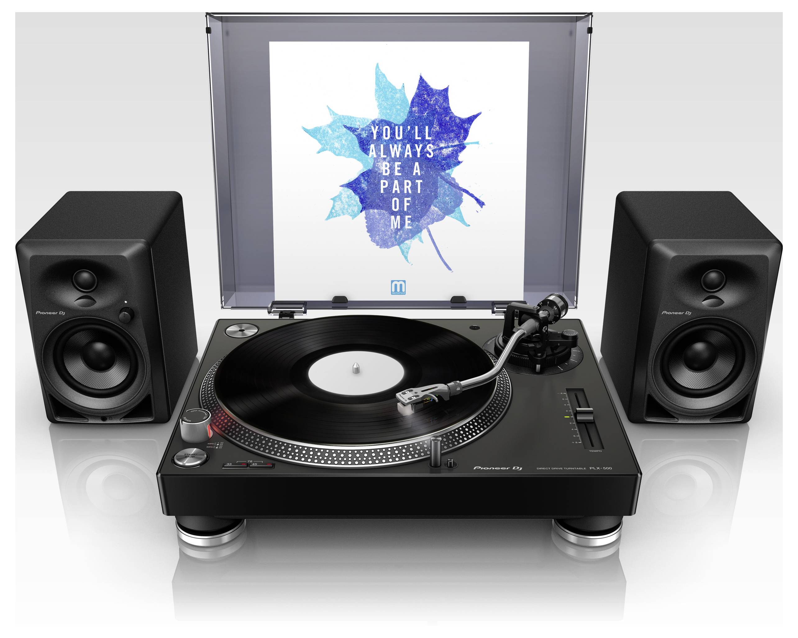 Turntable with vinyl record and two speakers, with album art reading 'YOU'LL ALWAYS BE A PART OF ME' displayed behind it.