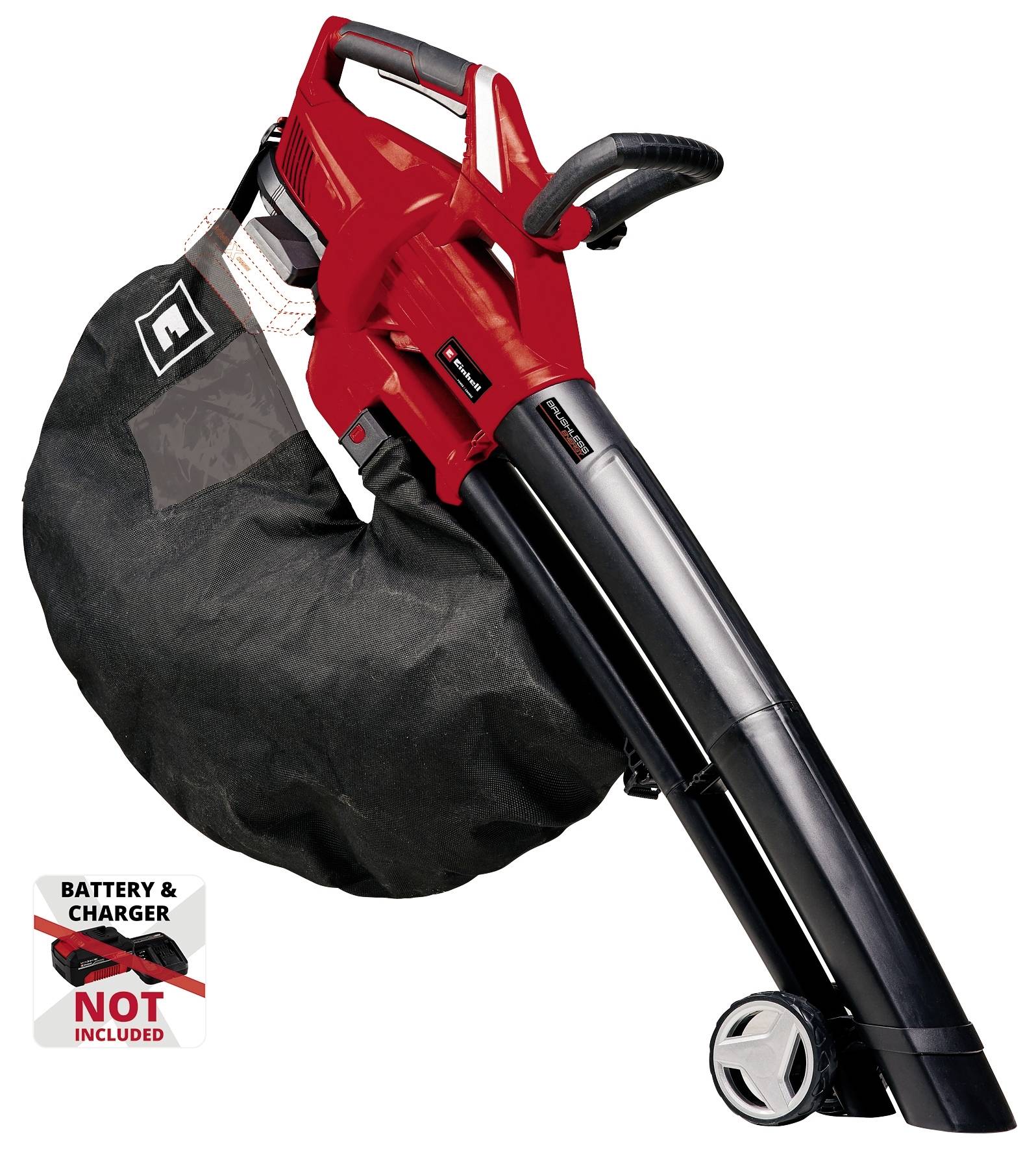 A red leaf blower with a black collection bag and two wheels. 'Battery and charger not included' is written on a notice.