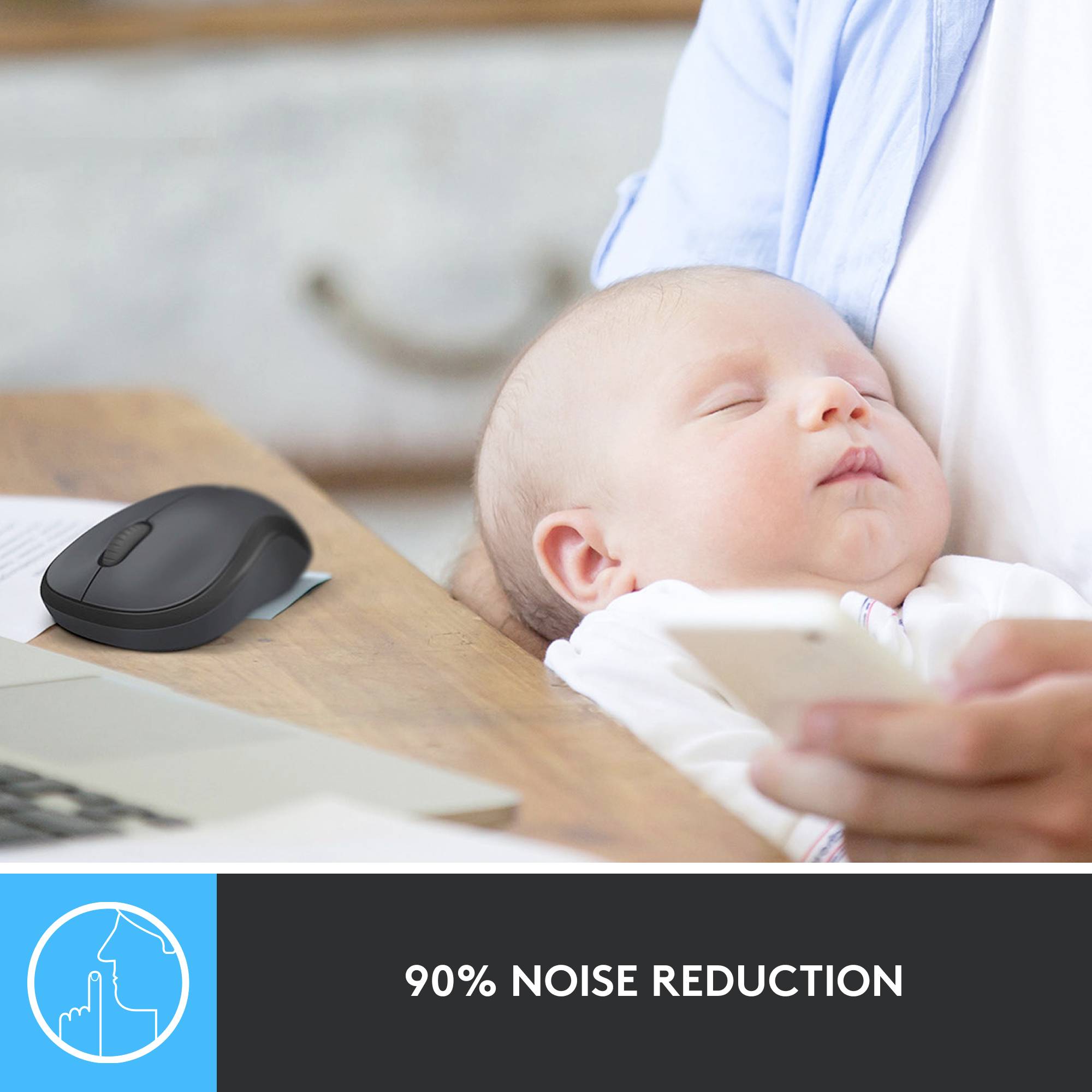 A baby is sleeping on a person, with a near-silent mouse lying beside them. Text: 'Noise reduced by 90%'.