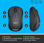 M220 SILENT wireless mouse, 2.4 GHz with USB receiver, 1000 DPI Optical Tracking, up to 18 months battery life, for left and right-handed people, for PC, Mac, laptop, black