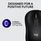 A black computer mouse with the 'logi' logo and text 'Developed for a Positive Future'. Carbon footprint: 4.07 kg CO2e.
