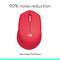 A red computer mouse with the text 'Noise reduced by 90%'. Below it says 'Less noise. Full concentration'.