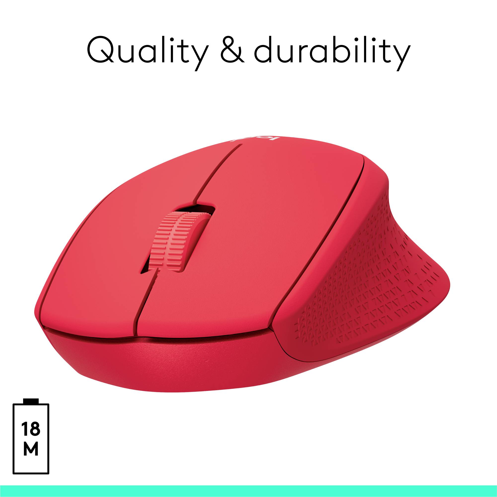 Red computer mouse with text 'Quality and Durability'. Symbol in bottom left indicates 18 months battery life.