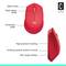 Red computer mouse with quiet clicks, wide rubberised scroll wheel and contoured grip surfaces. Integrated Unifying receiver with 10 m range.