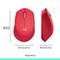 Red computer mouse from top and side view; Dimensions: 105.4 mm long, 67.9 mm wide, 38.4 mm high; Weight: 78 g.