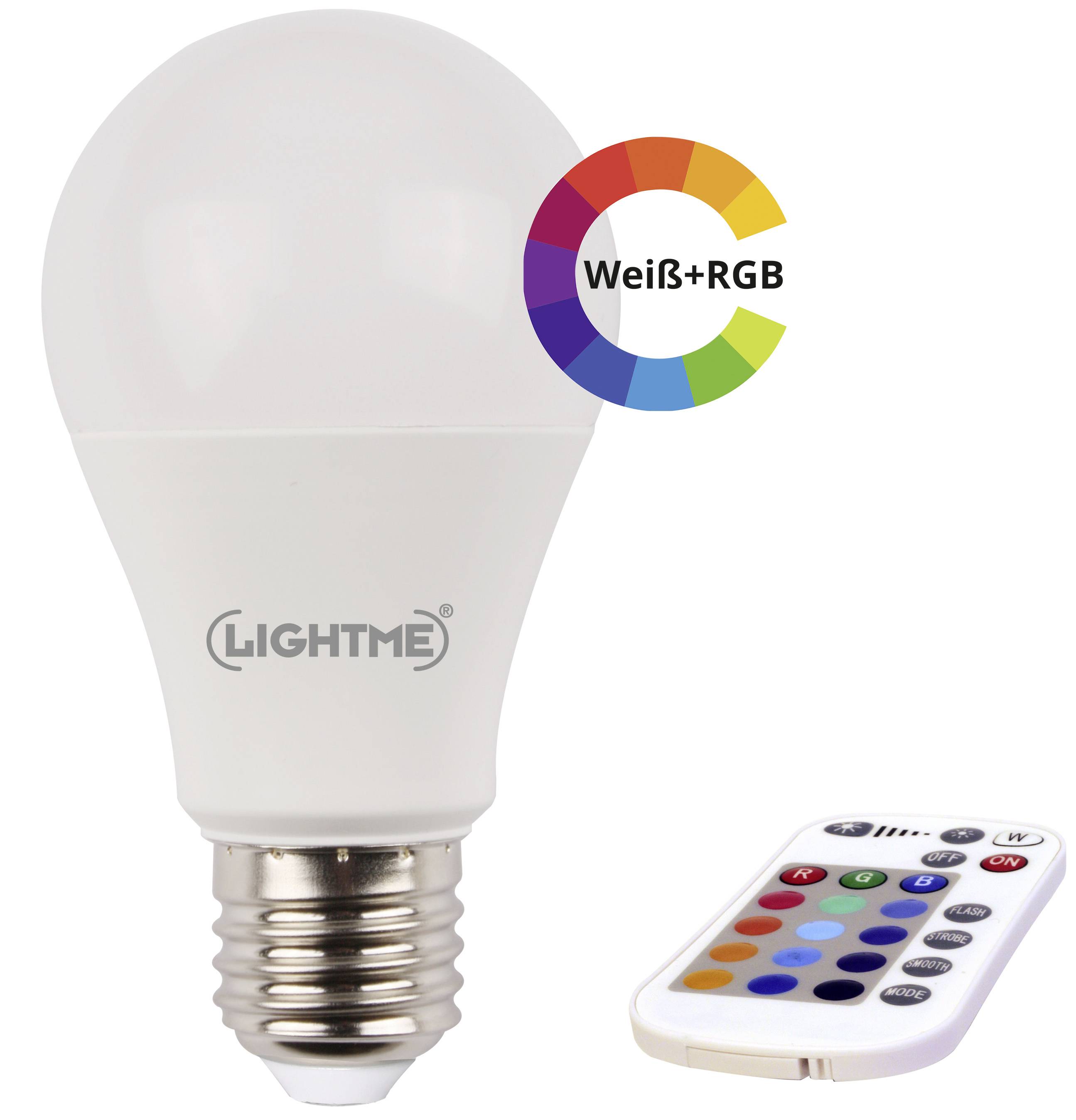 LED bulb with colour-changing capability and remote control. Displays 'White + RGB' logo. Remote control has colourful buttons for light control.