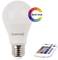 LED bulb with colour-changing capability and remote control. Displays 'White + RGB' logo. Remote control has colourful buttons for light control.
