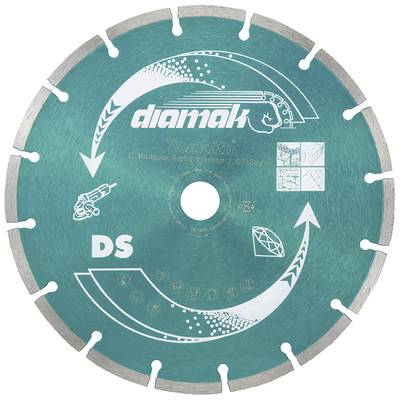 Diamond cutting disc with arrows indicating rotation direction, brand name 'diamax' and technical specifications. Primarily for construction applications.