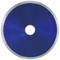 A circular saw blade with a blue surface and silver edge, with a hole in the centre.