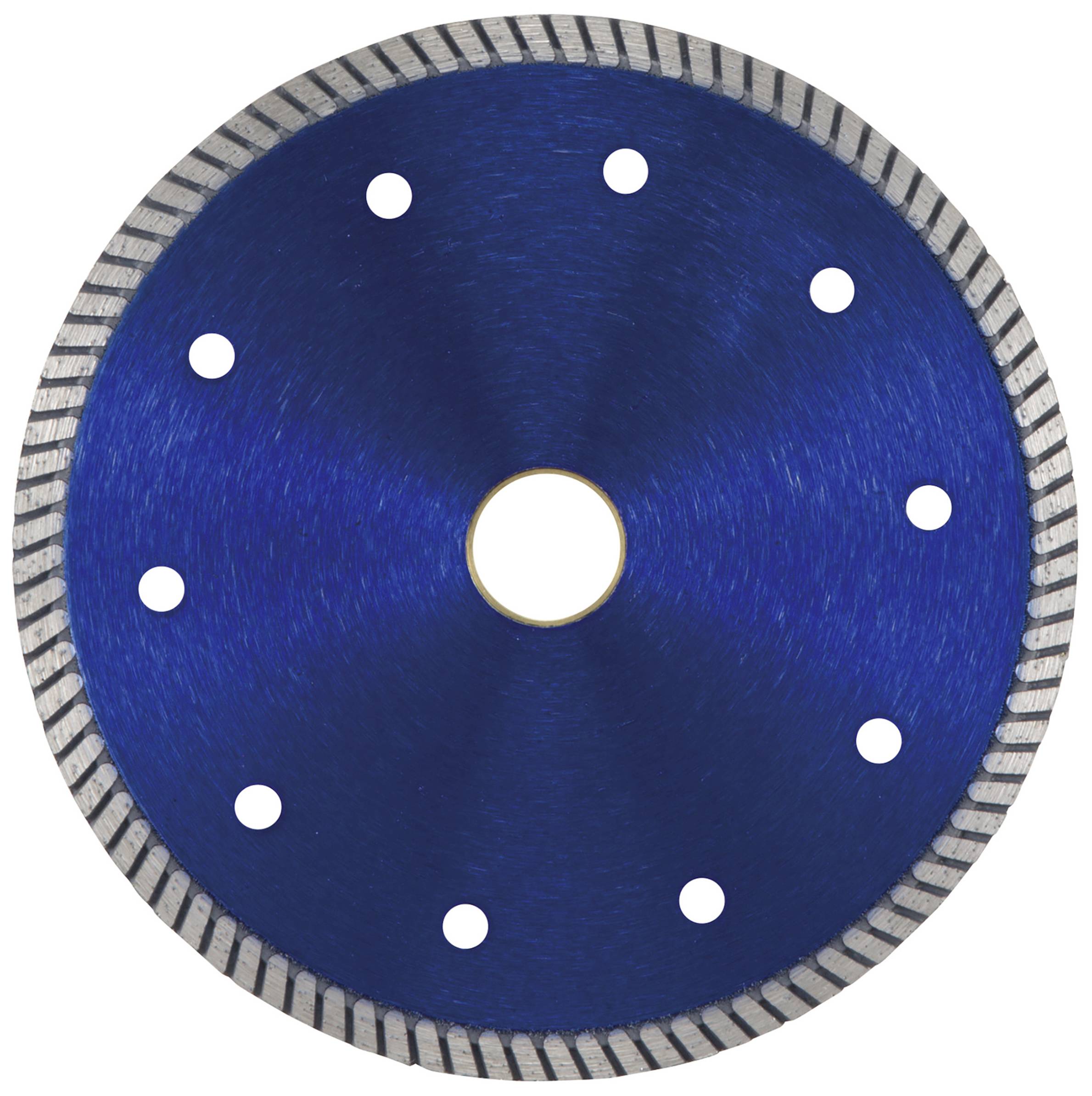 A circular, blue sanding disc with serrations around the edge and eight symmetrically distributed holes.