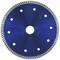 A circular, blue sanding disc with serrations around the edge and eight symmetrically distributed holes.