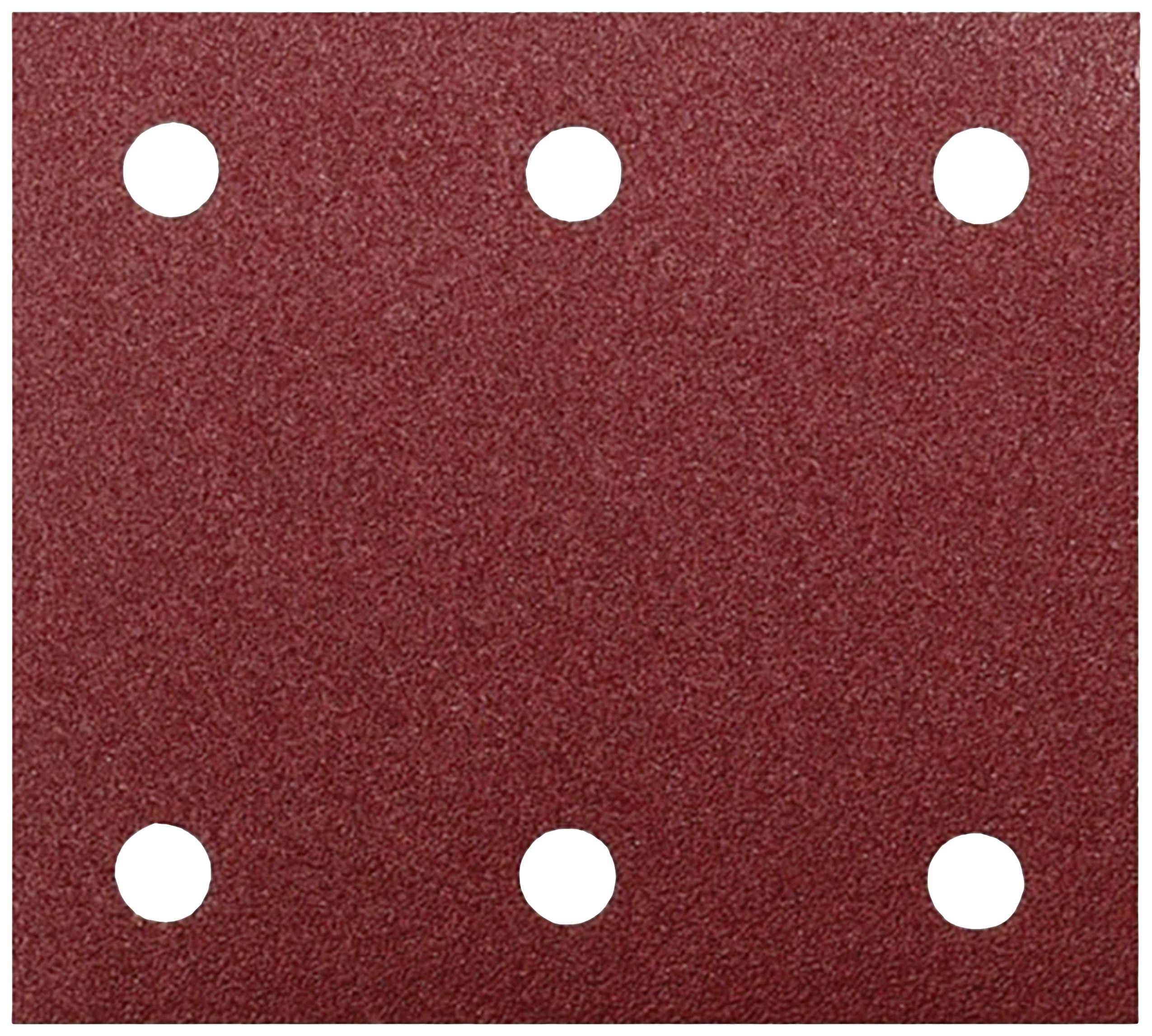 Red sandpaper with six evenly distributed holes.