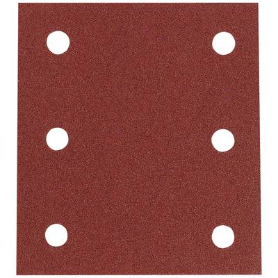 A rectangular sandpaper with six evenly distributed round holes, suitable for sanding equipment.