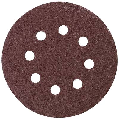 A round piece of sandpaper with eight evenly spaced holes arranged in a circle. Brown, granular surface.
