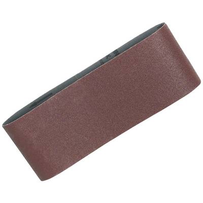 Brown sanding belt with a slightly coarse grain, laid out flat. Used for sanding wood or metal surfaces.