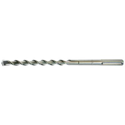 A spiral metal drill bit with multiple twists, tapering to a point at one end, used for drilling holes in hard materials.