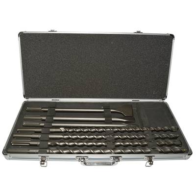 A metal case with an open lid contains a set of various drills and chisels, carefully arranged in matching holders.