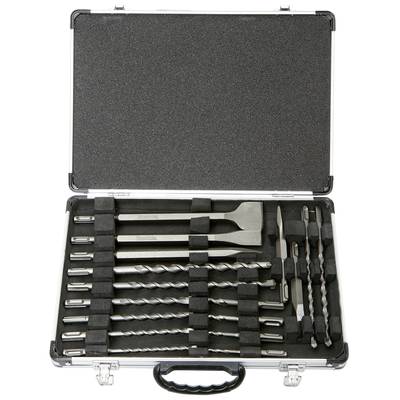 An opened toolbox with various drill and chisel bits in foam inserts, for use with a drill machine.