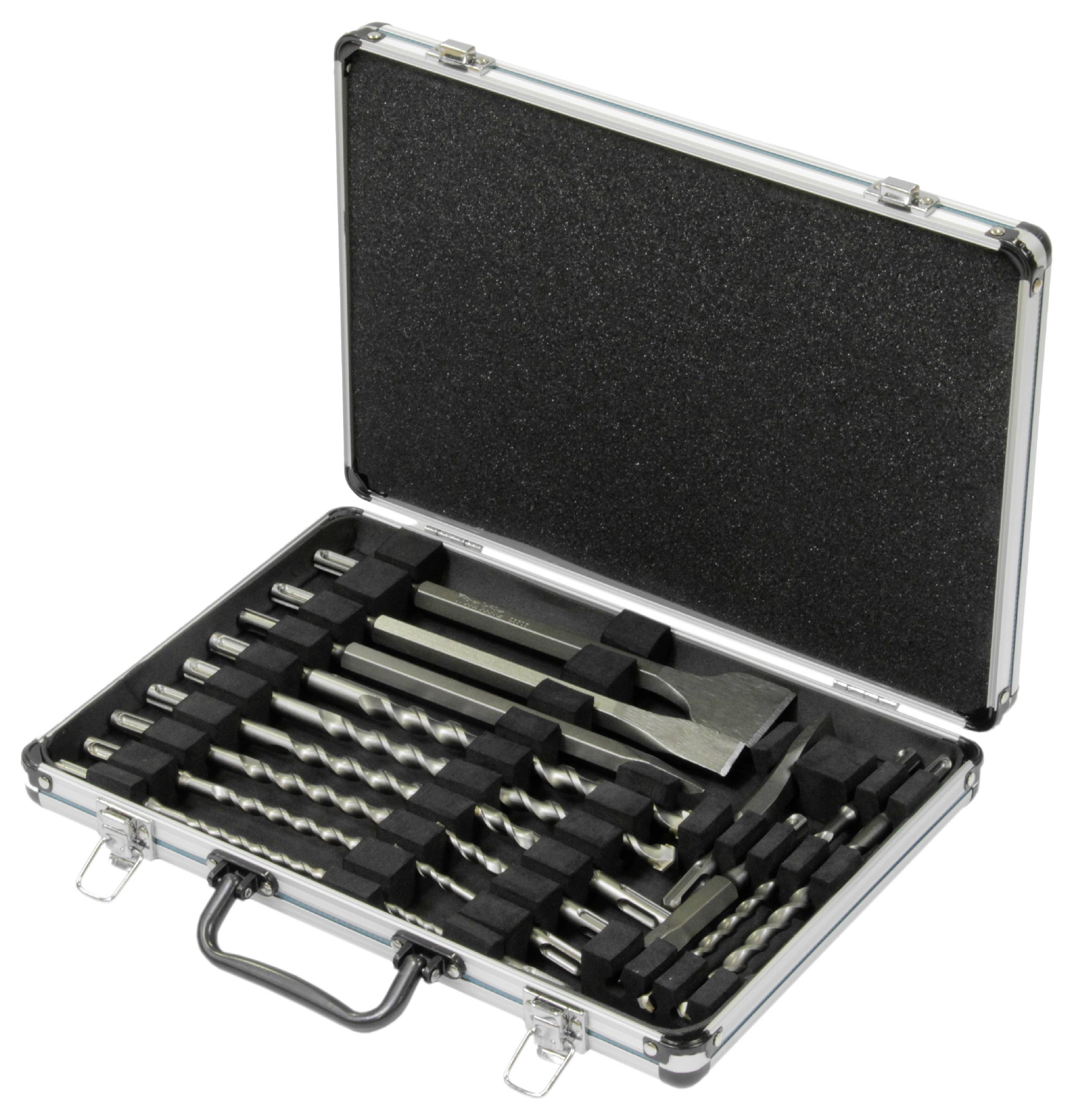 An open suitcase with various drill bits and chisels, carefully organised in foam inserts.