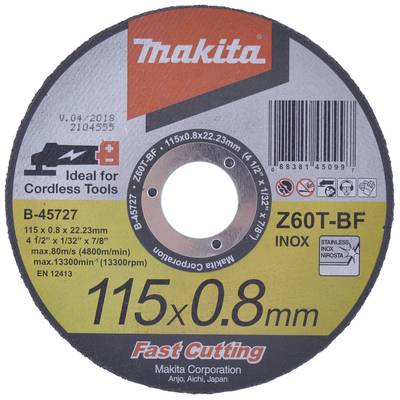 A Makita Cutting Disc 115 x 0.8 mm for Metal. Text: 'Ideal for cordless tools', 'Fast cutting', 'INOX'.