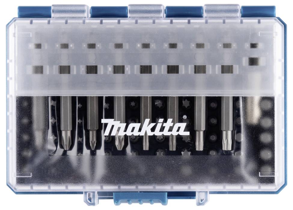 'Makita' branded drill bit set in a transparent blue box displaying multiple bits organized in rows.