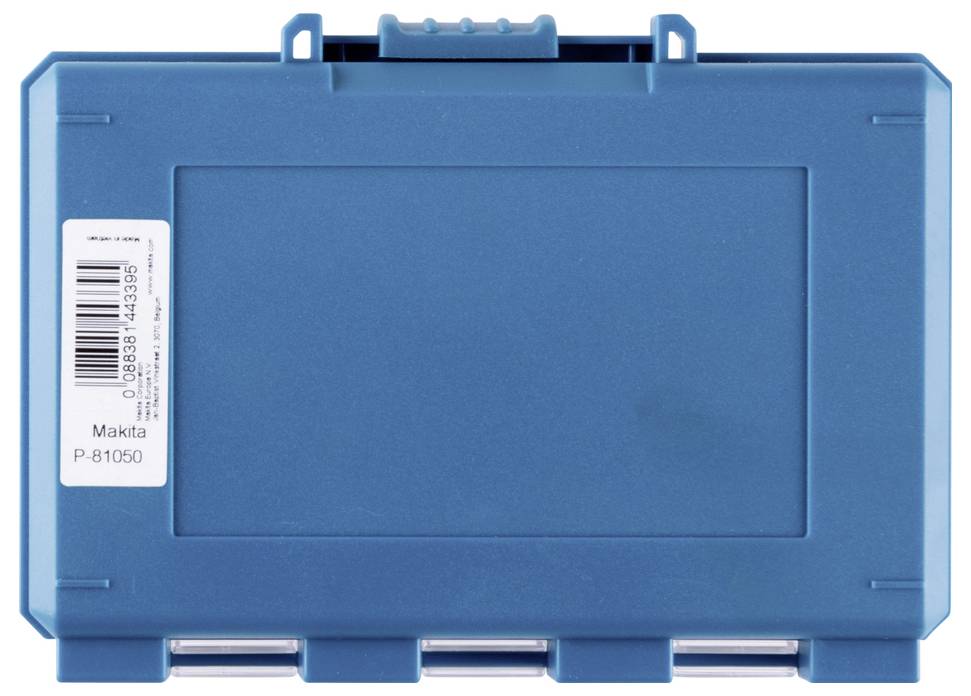 A blue Makita storage case with a labeled barcode on the side, designed for organizing and storing tools, featuring a secure latch.