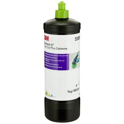 Bottle with 3M Perfect-It Fast Cut Plus Extreme Polish, 1 kg contents. Contains green cap and label with illustration of a polishing machine.