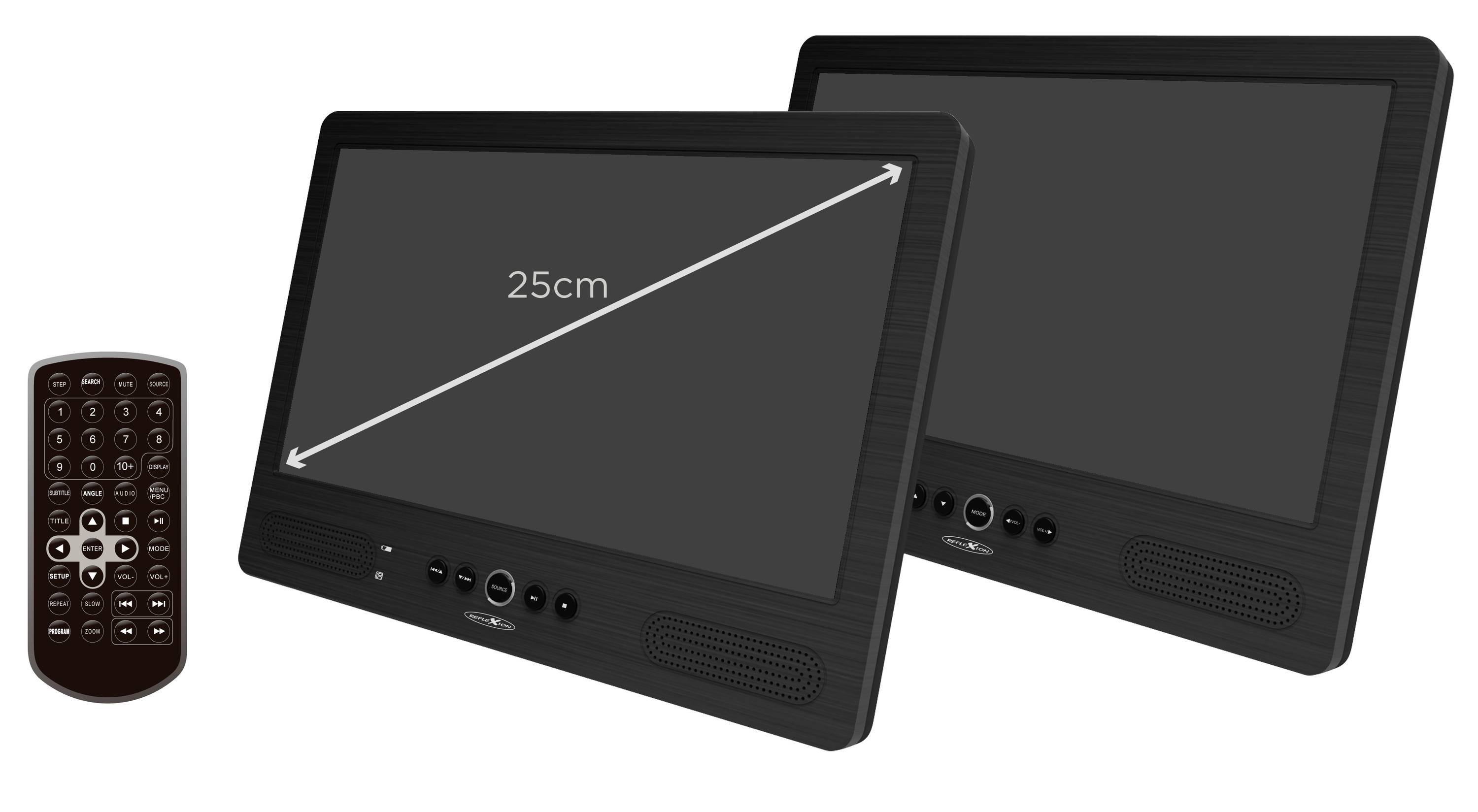 Two black monitors with a screen diagonal of 25 cm. A black remote control with silver buttons lies to the left of them.