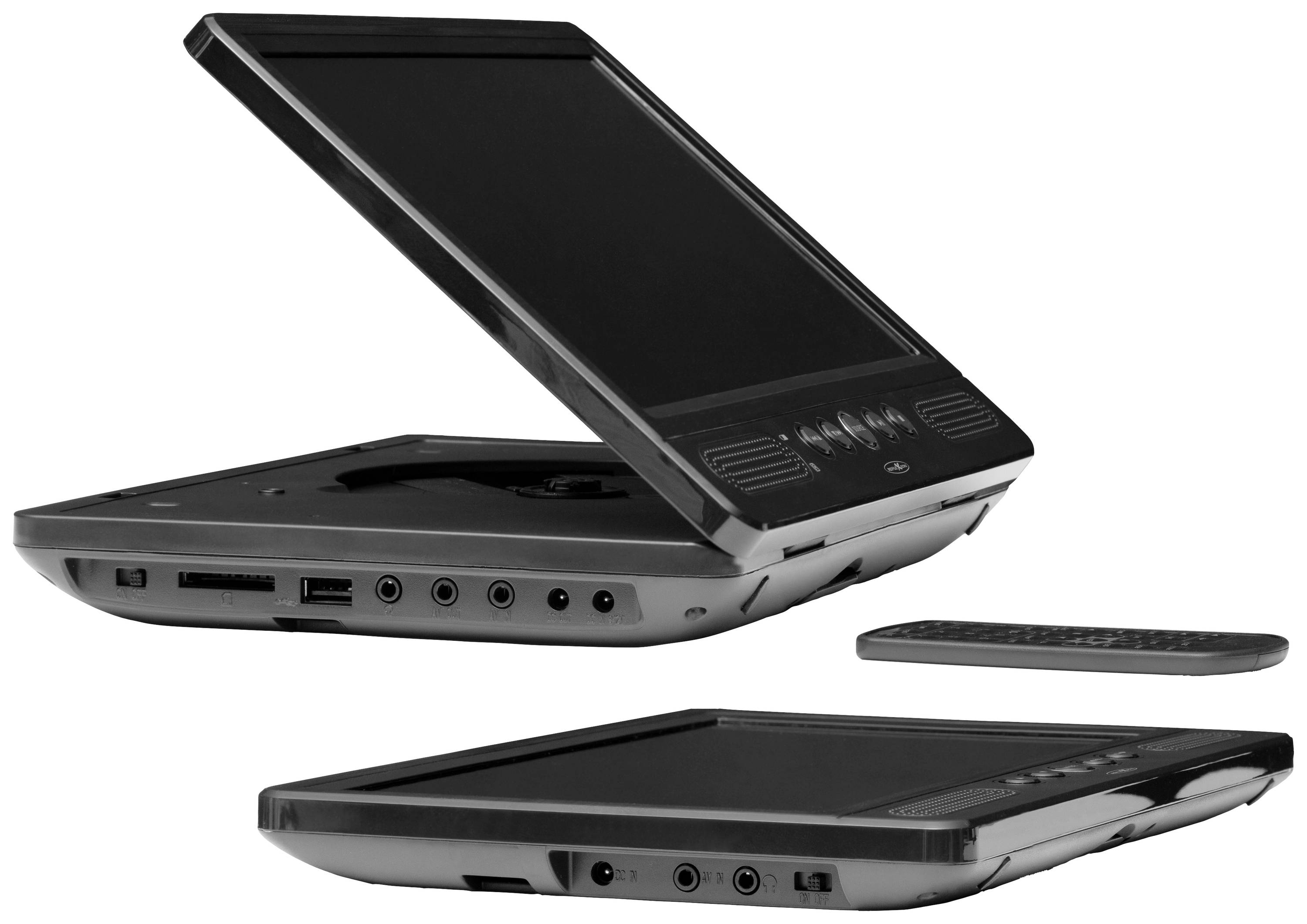 Portable DVD player with half-open display and remote control, focus on side ports.