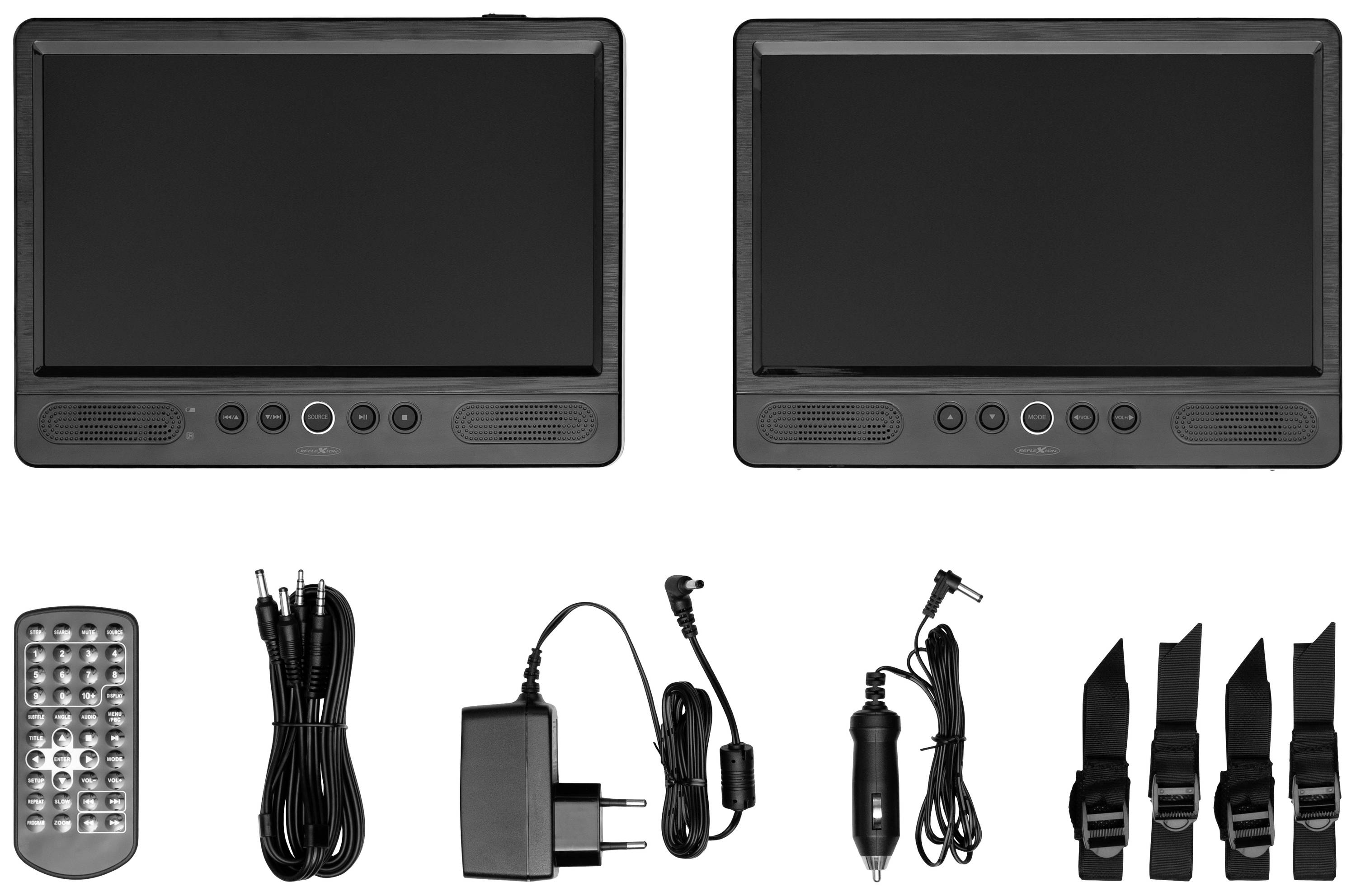 Two portable screens side by side, with accessories below: remote control, cables, power supply, car adapter, and mounting strap.