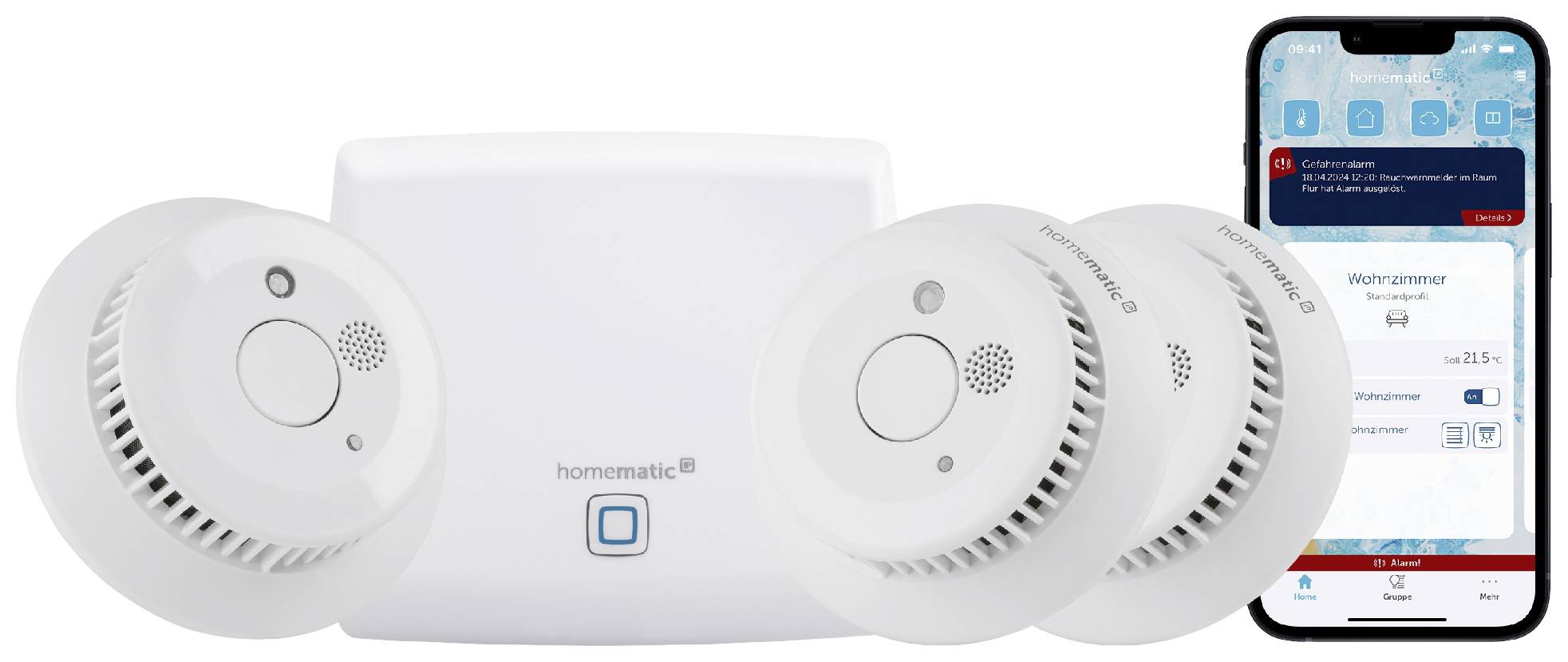 Four round smoke detectors and a central control unit are shown. Beside these, a smartphone screen displays the user interface of a home automation app.