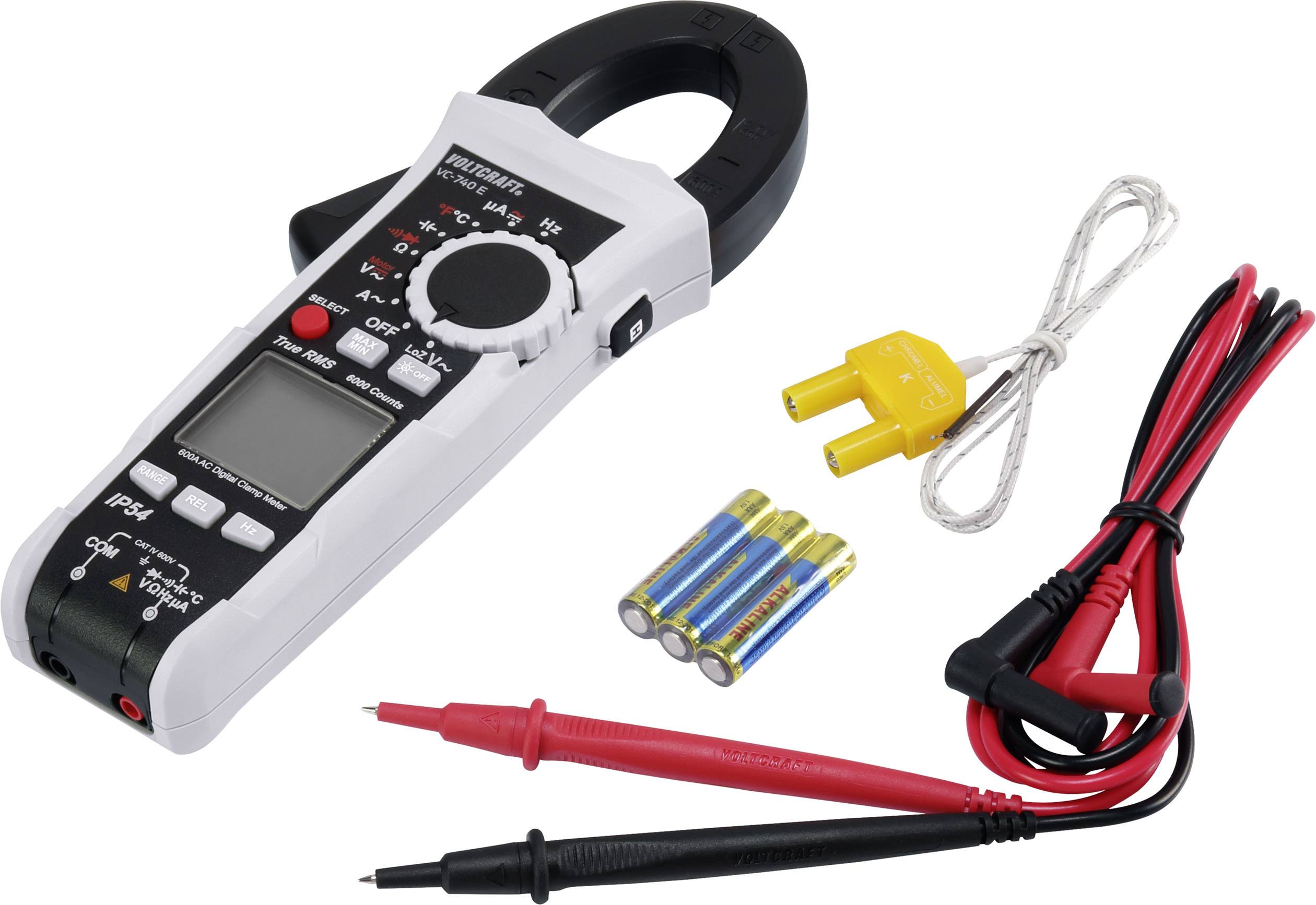 A digital clamp meter with accessories: three AA batteries, measuring leads in black and red, and a yellow adapter.