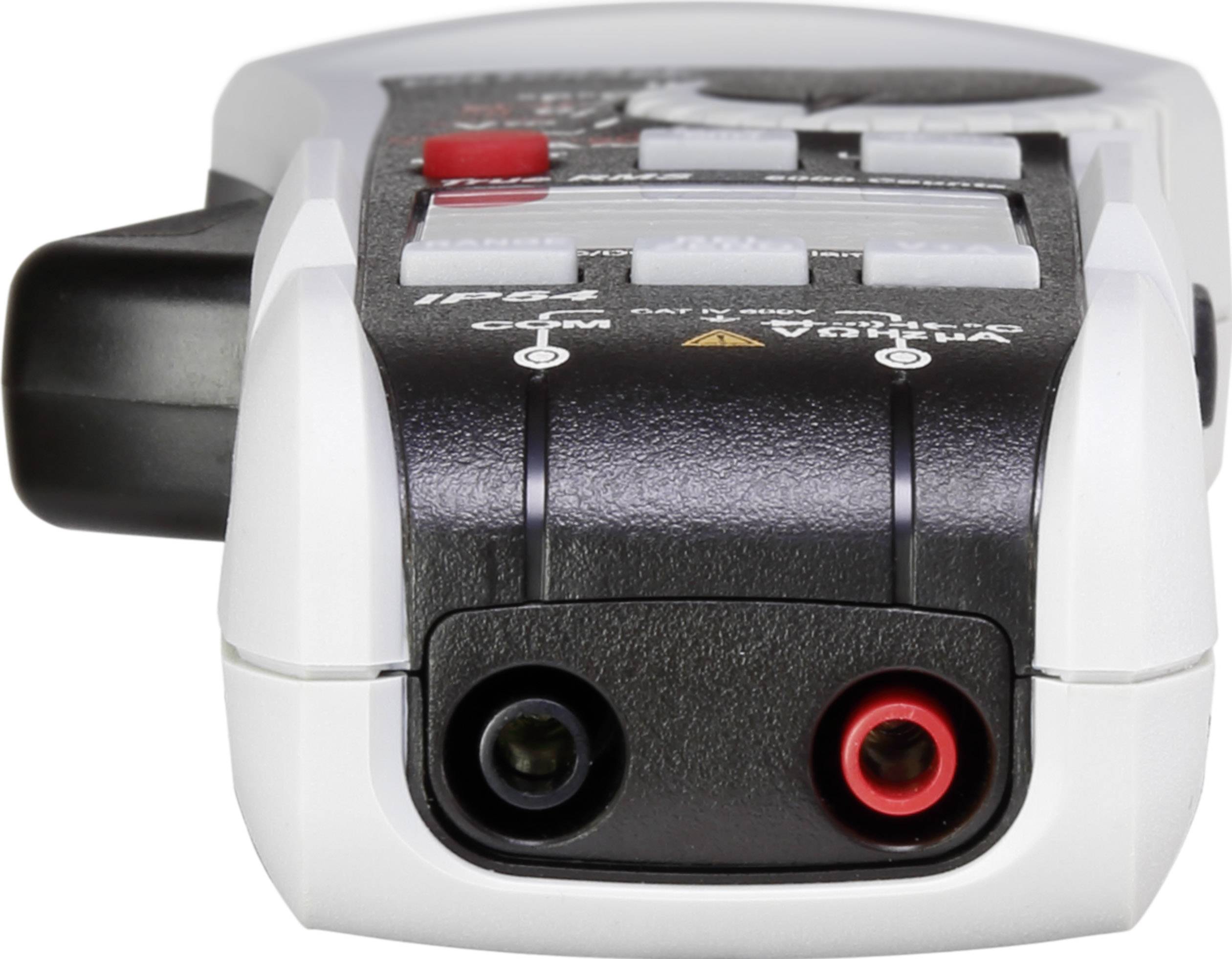 A digital multimeter shows the lower section with two measuring terminals, one black and one red.