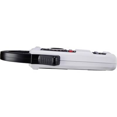 A side view of a measuring device, likely a multimeter, with a black screen and white casing.