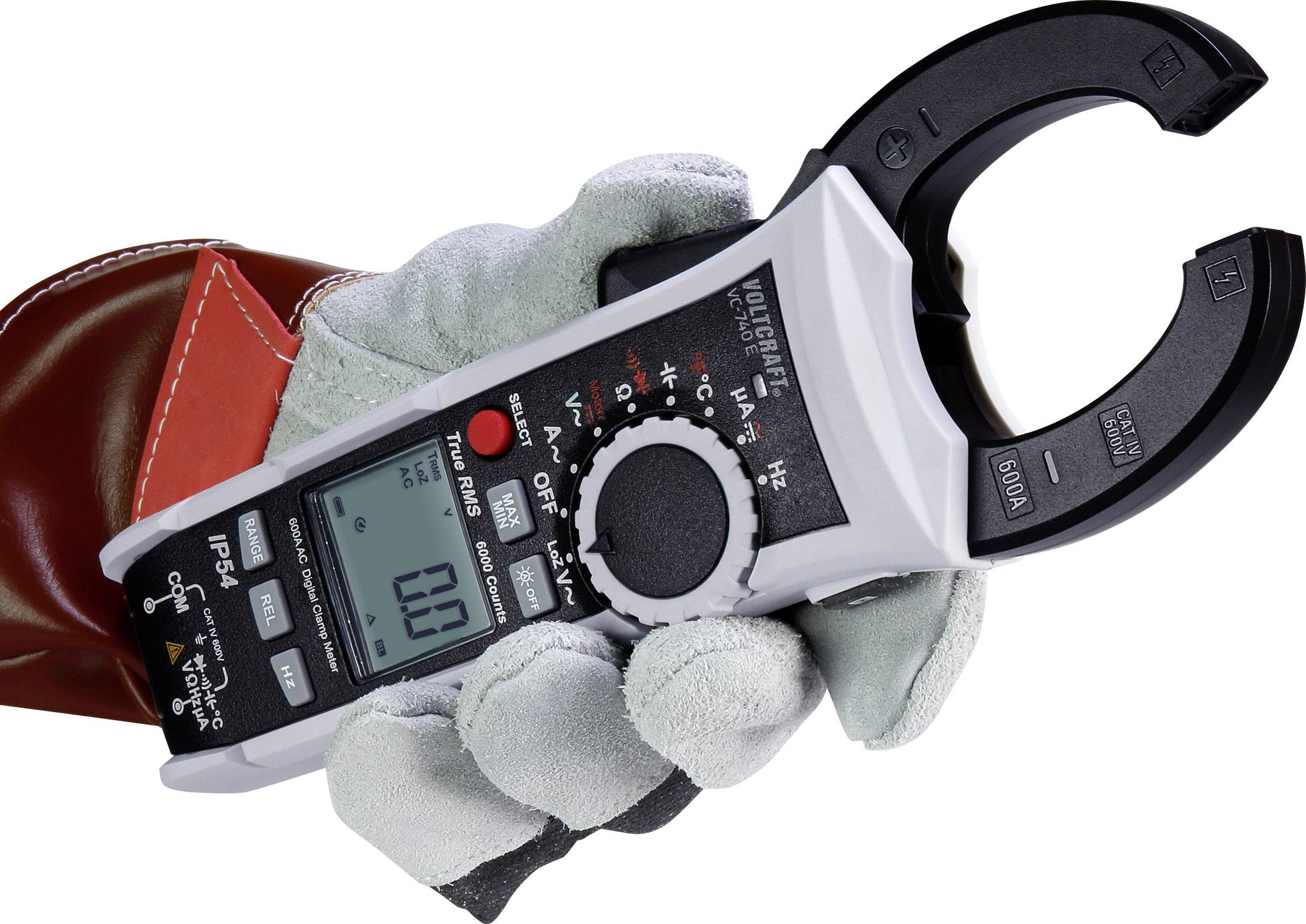 A hand is holding a digital electricity measuring device with an open clamp for contact measurements. The display shows '0.0'.