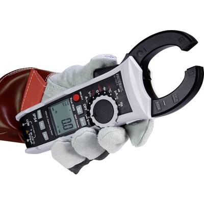 A hand is holding a digital electricity measuring device with an open clamp for contact measurements. The display shows '0.0'.
