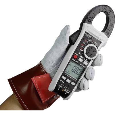 A hand is holding an electrical measuring device with a digital display. The device shows '0.00'. The hand is wearing a blue glove with red protection.