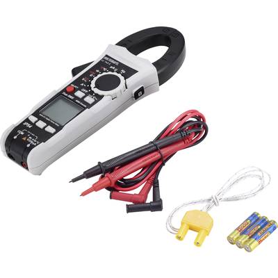 Multimeter with crocodile clips, three AA batteries, and a yellow adapter. Ideal for measuring electrical values.
