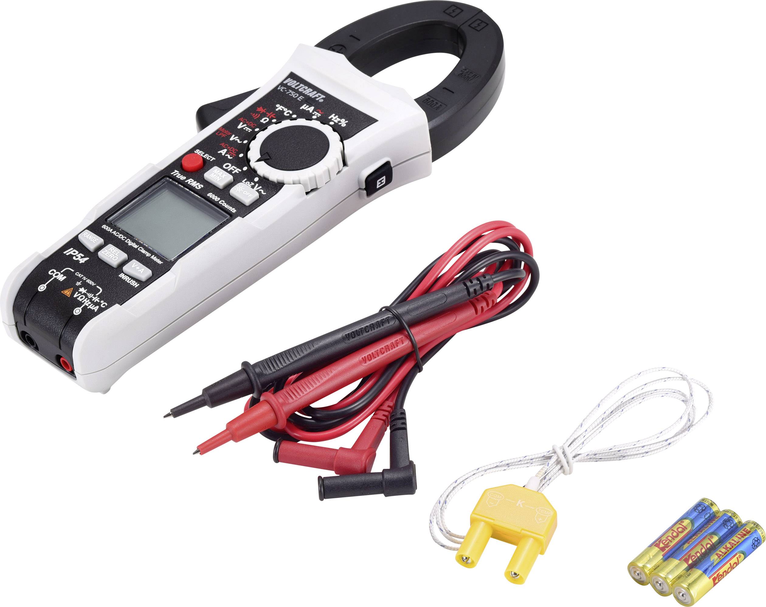 A digital multimeter with clamps and leads for measuring electrical quantities, with batteries lying beside it.