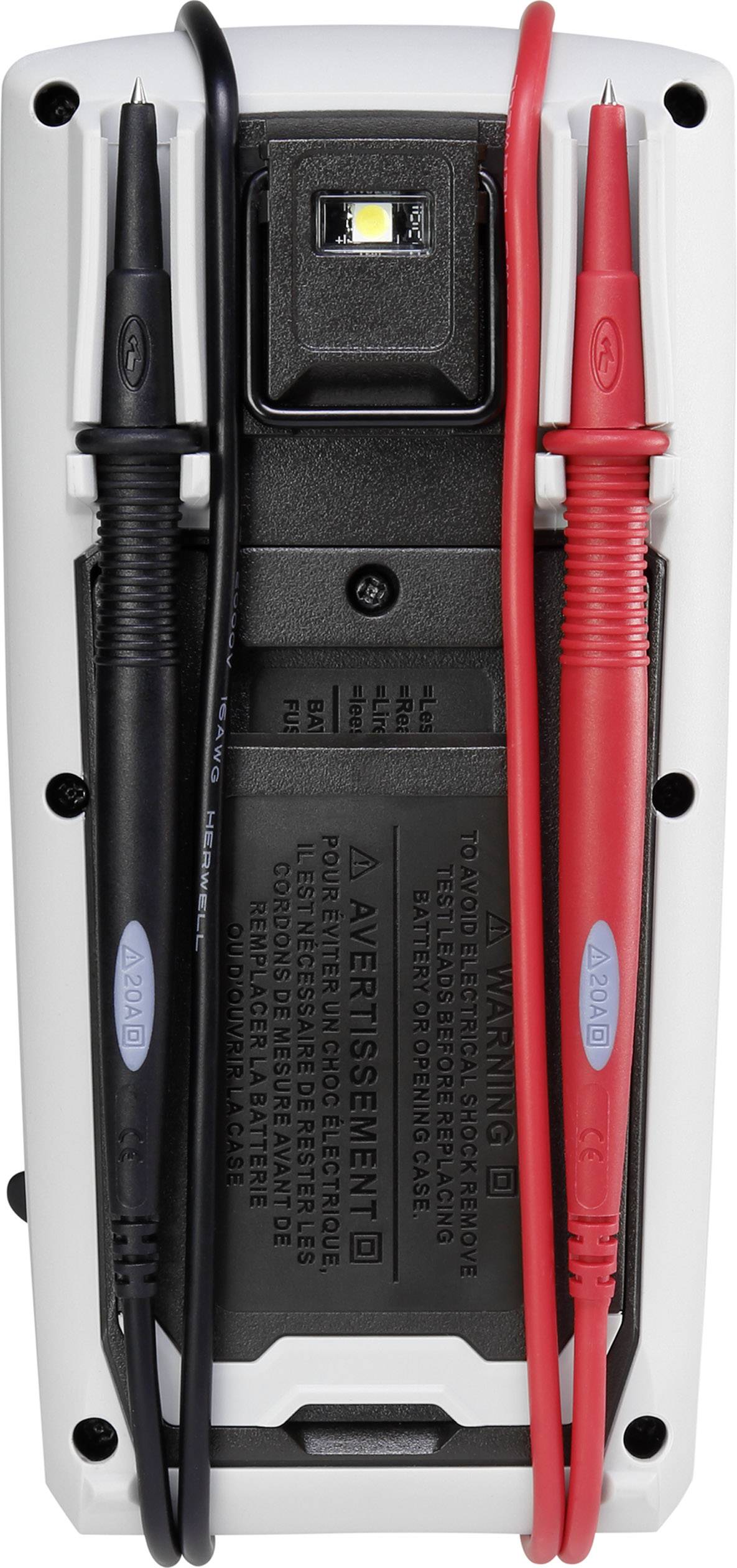 Back of a multimeter with black and red test leads. Connected cables are neatly positioned on a grey housing.