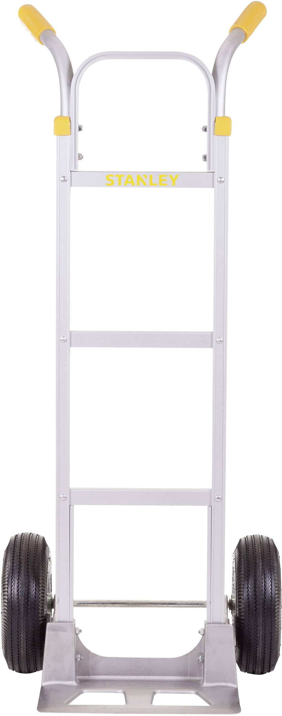 A silver sack barrow with black wheels and yellow handles. A yellow print 'STANLEY' is located on the front.