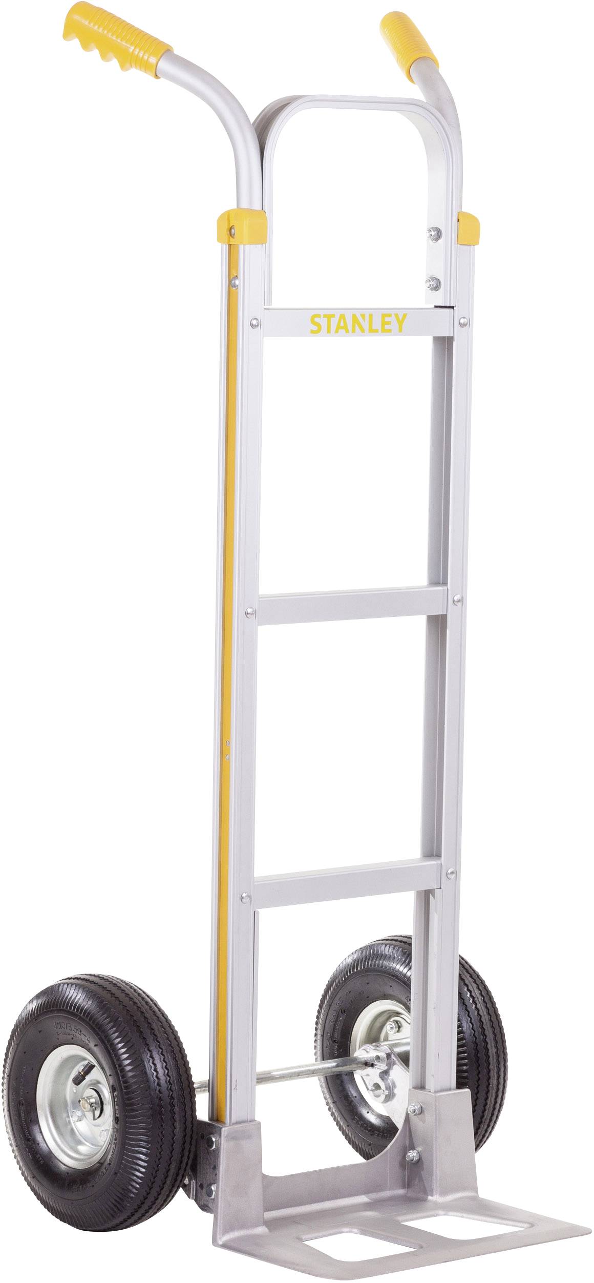 Transport trolley with a yellow handle and two large rubber wheels, ideal for moving heavy objects.