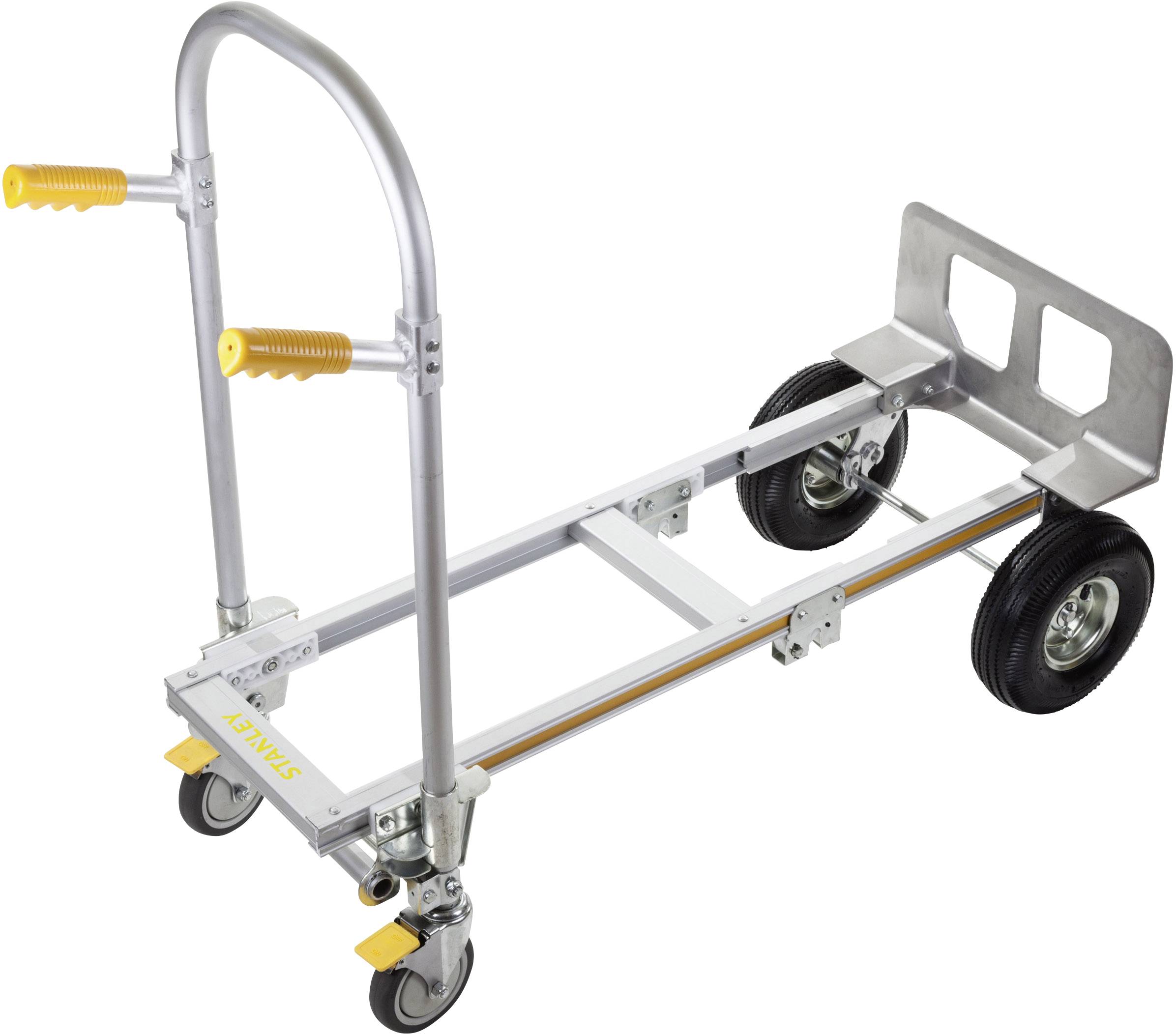 Transport trolley with two large wheels at the back and a platform at the front. Handle bar with two yellow grips for easy handling.