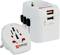 Travel adapter with USB ports, suitable for various power sockets worldwide. Marked with "SKROSS".