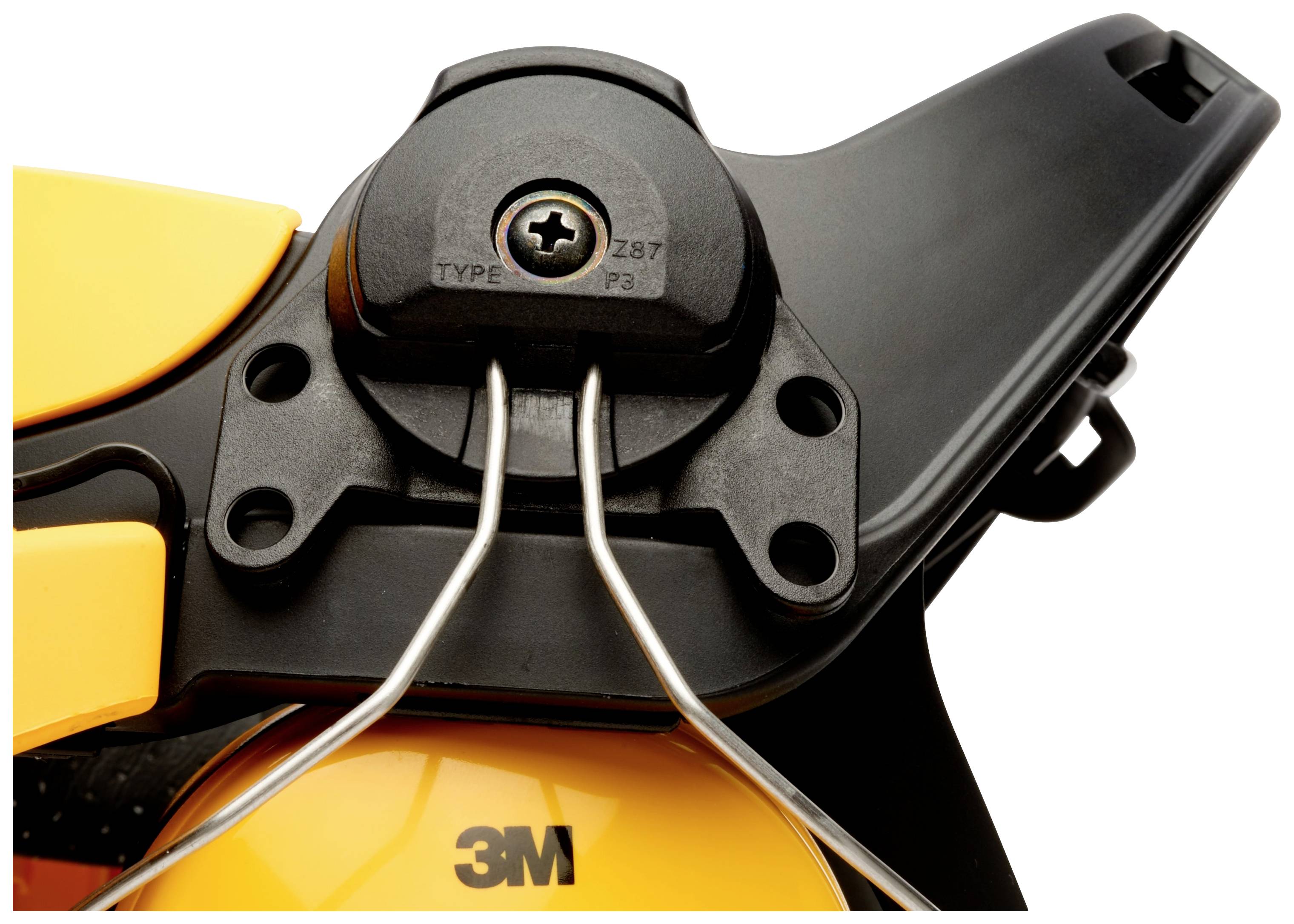 Close-up of a yellow 3M ear defender with black plastic components and silver metal elements.