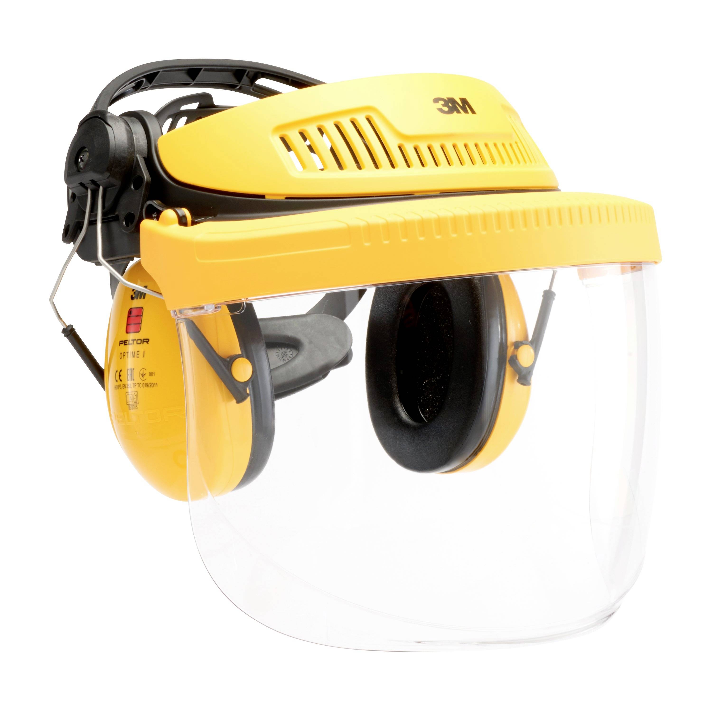 Safety helmet with integrated ear protection and clear face shield. Ideal for industrial work to protect head, ears, and face.