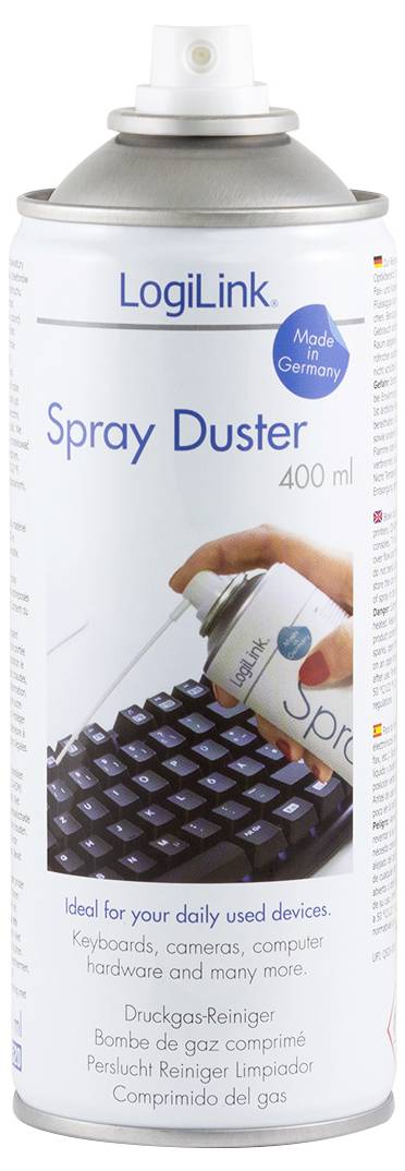 LogiLink Spray Duster, 400 ml, for Computer Cleaning. Image of keyboard and spray application on the can.