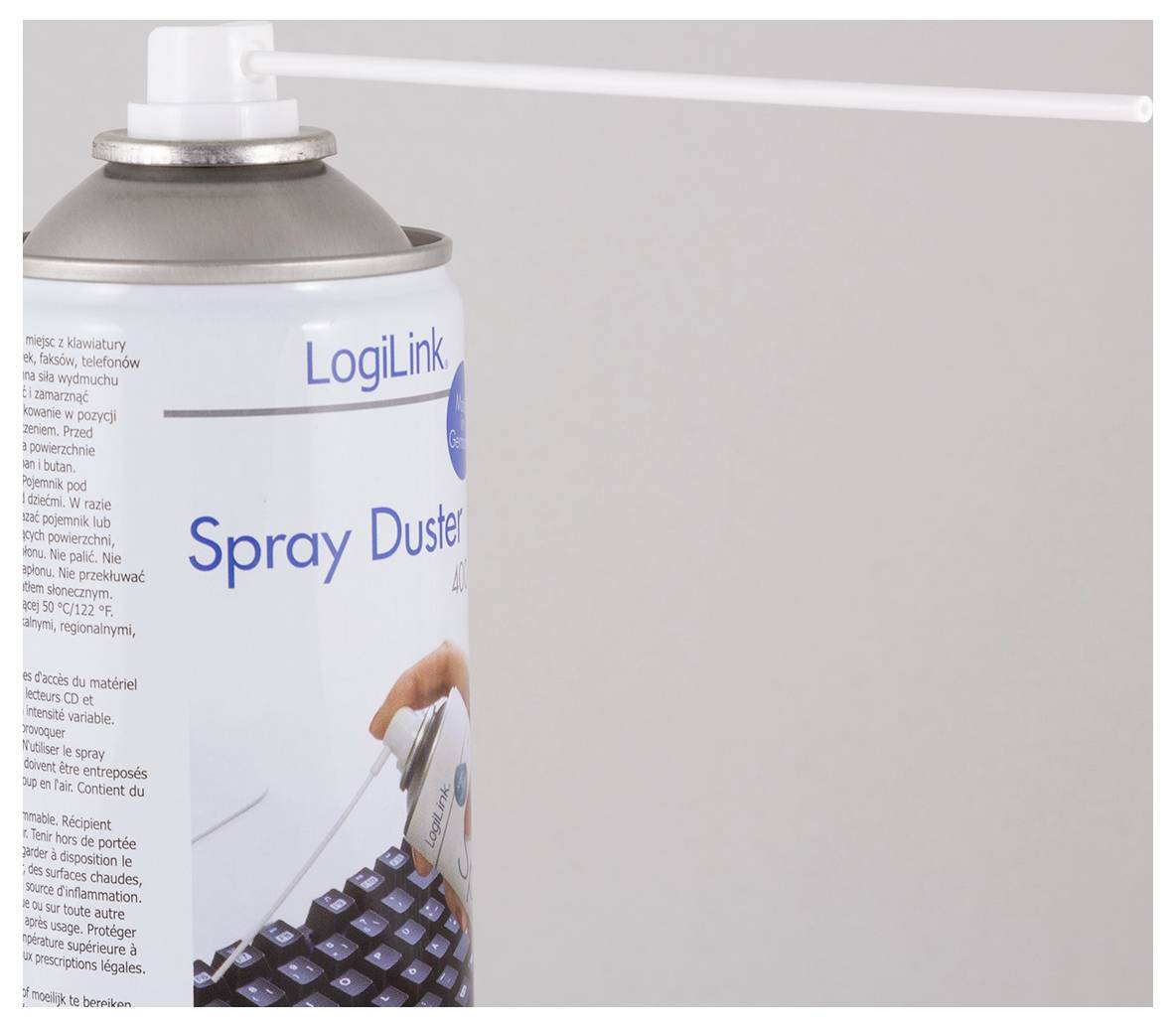 Spray can with long nozzle hose, label reads 'Spray Duster', used for cleaning keyboards and electronic equipment.