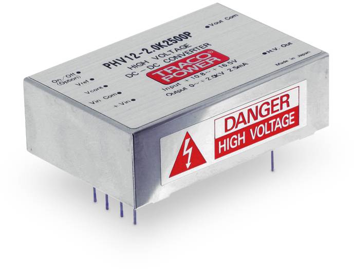 Grey-silver DC-DC converter, marked with 'DANGER HIGH VOLTAGE', with a prominent lightning symbol, indicates high voltage.