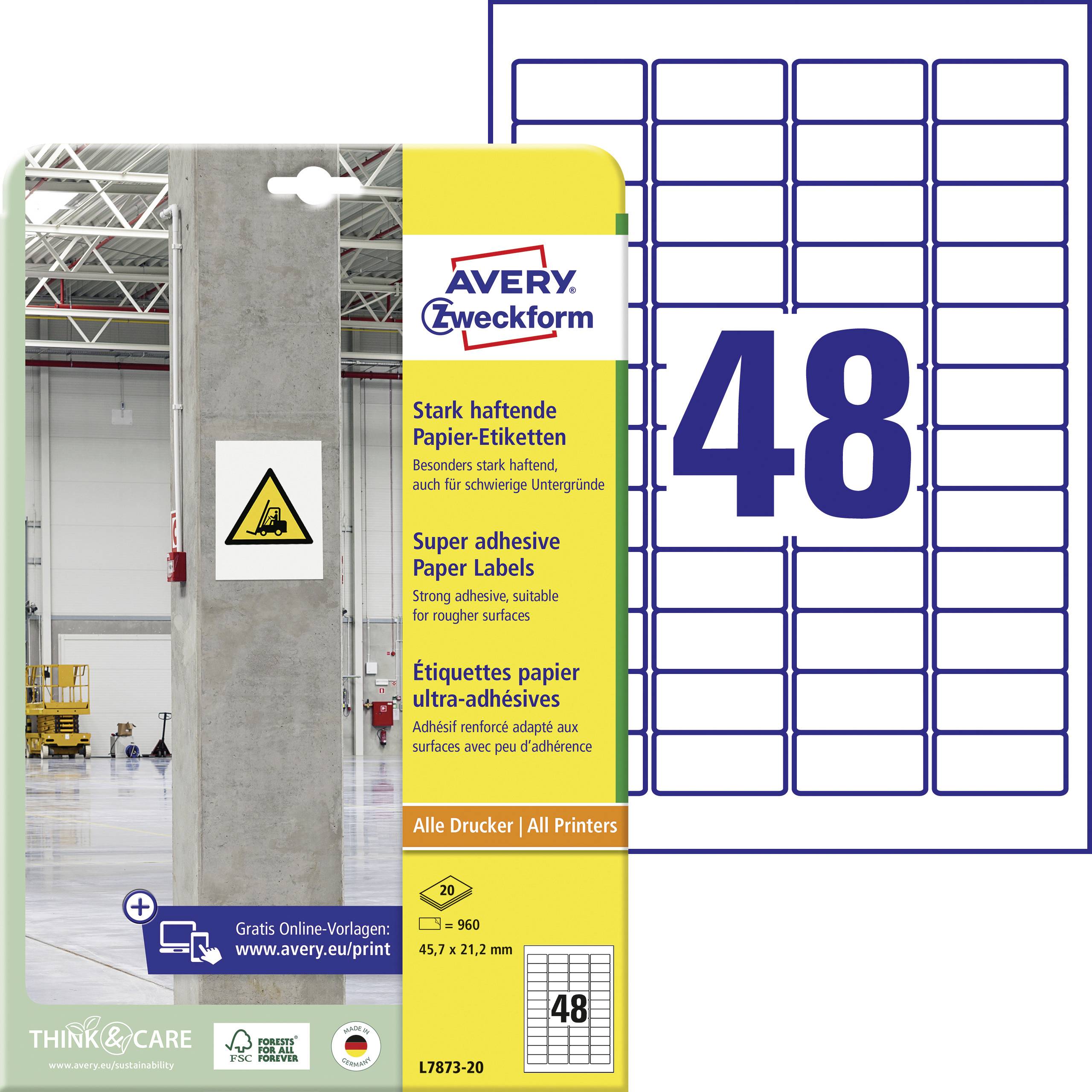 Avery-Zweckform L7873-20 45.7 x 21.2 mm Paper White 960 pc(s) Permanent adhesive, Strongly adhesive Adhesive labels (extra strong) 20 Sheet A4